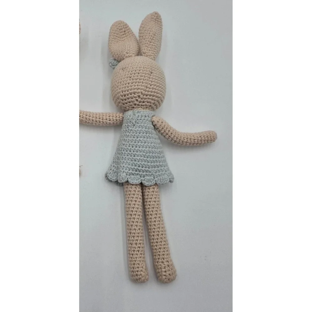 Handmade Crochet Bunny Amigurumi Stuffed Animal Beige Blue Dress 11.5 Inch Plush
